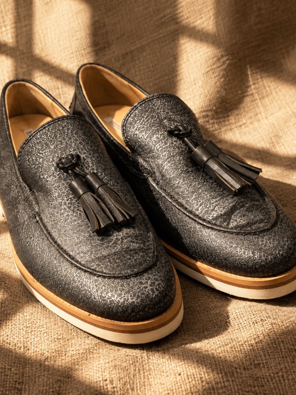 Geox Black Textured Tassel Loafers with Contrasting Welt